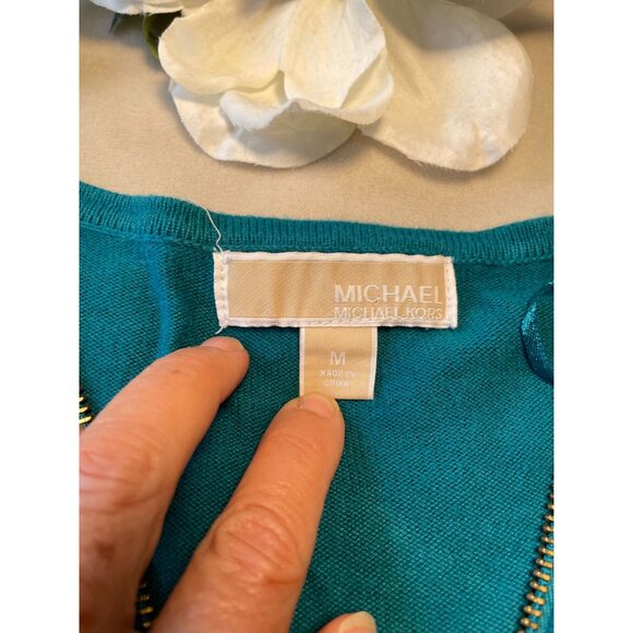 Michael Michael Kors Teal Zip-Up Cardigan With Gold Accents & Pockets M Classic - Picture 6 of 10